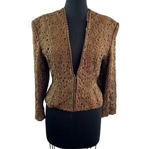 VTG Frank Fiore Brown Jacket Floral Embroidered Plunge Victorian Cocktail S/M